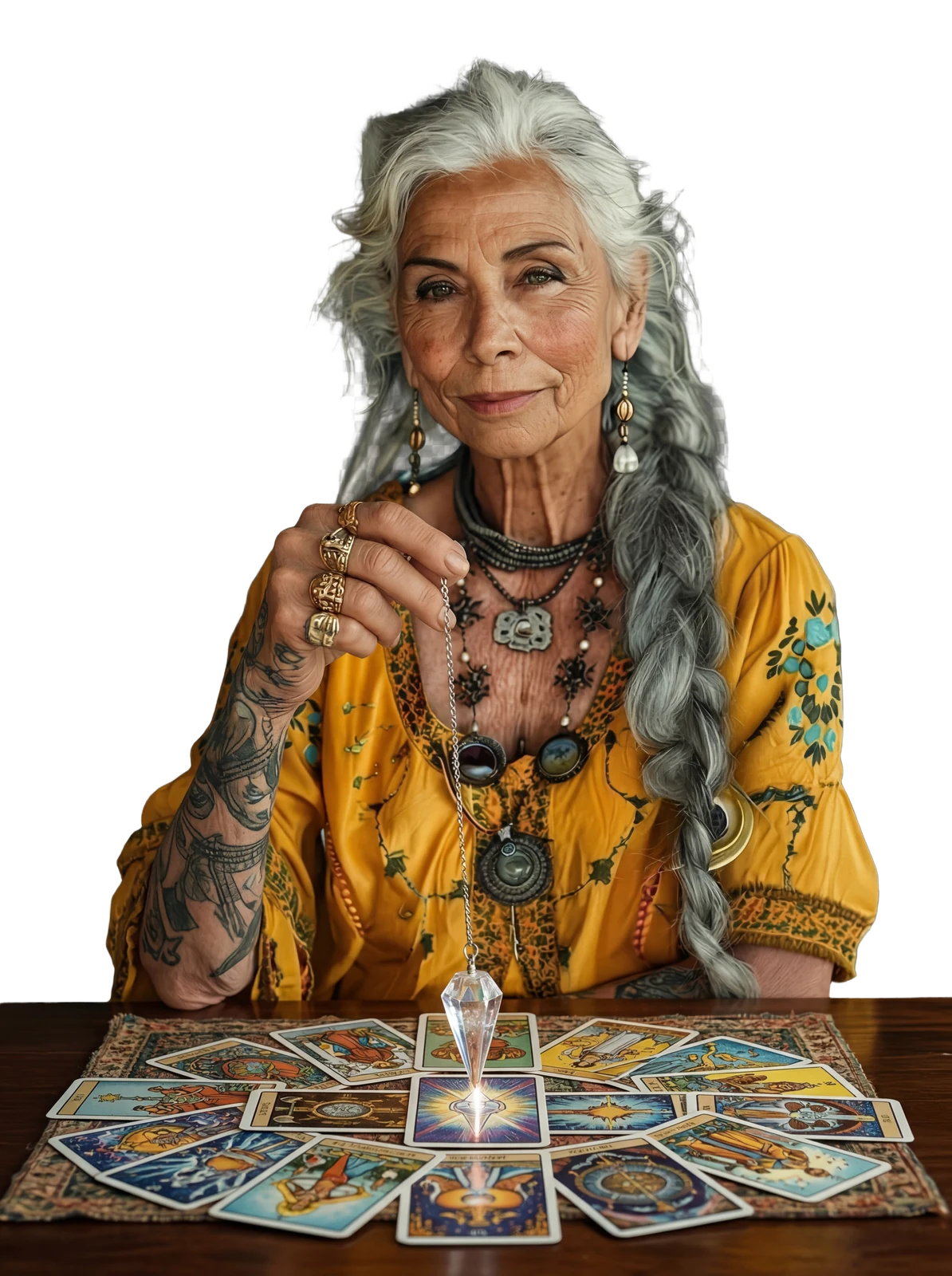 Joséphine réalisant un tirage de cartes avec son pendule