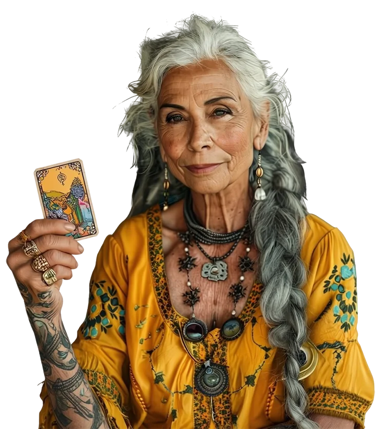 Joséphine présentant une carte de tarot gitane